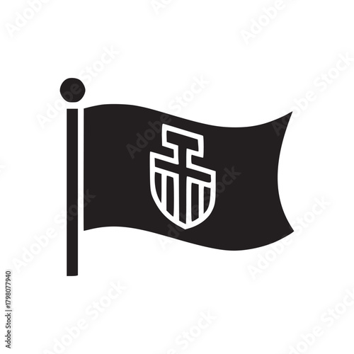 A black flag with a white symbol on a white background flying on a black pole with a black ball