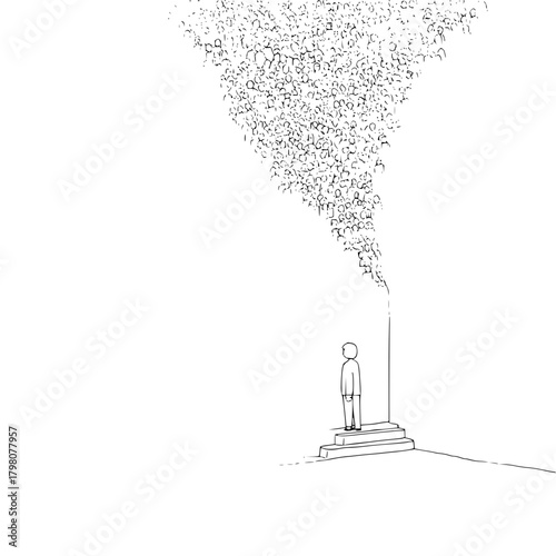 A lone figure stands on steps beneath a cloud of faces in a minimalist black and white illustration