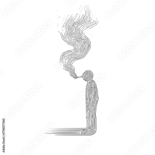 Abstract line art depiction of a person smoking with smoke rising upwards on a white background design