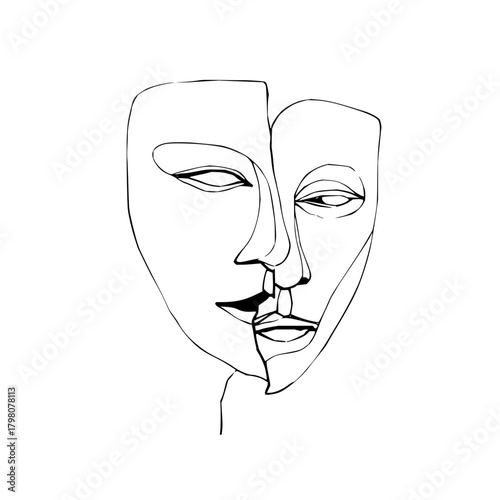 Abstract line art illustration of a split face with minimalist design in black and white style