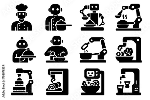 Tasting salad robots plating futuristic vector decorator cake icon robot kitchen chef