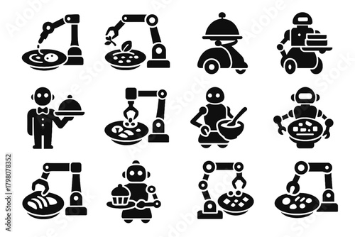 Icons plate bot food arm icon platter presentation robotic dish vector plating