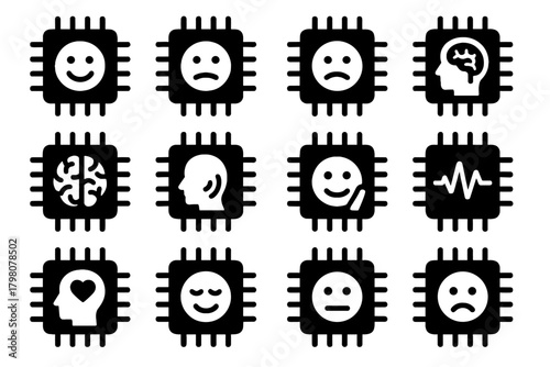Chip emotion feedback icons facial brainwave icon mood analyzer module vector