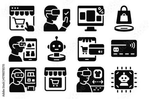 Shelf shop virtual processor vector product store icons vr digital reality module