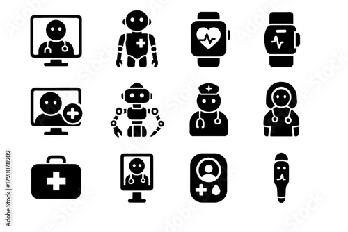 Virtual icon ai therapy monitoring nurse icons device robotic medical vector emergency