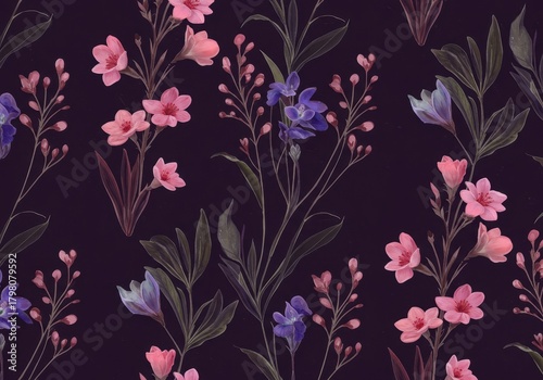A beautiful seamless repeating background featuring detailed illustrations of various colorful spring and summer flowers and delicate foliage, modern, wrapping, abstract