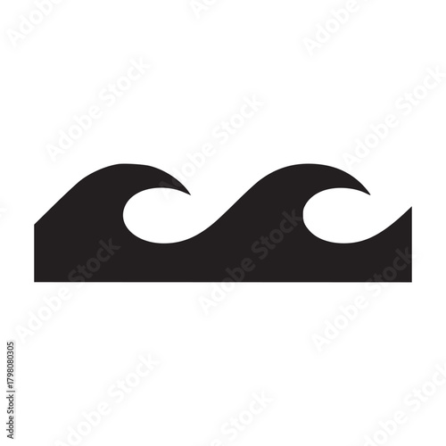 A minimalist black and white image featuring a stylized wave design on a plain white background