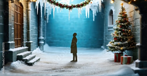 Fototapeta Naklejka Na Ścianę i Meble -  Miniature winter scene. Person stands beneath festive garland, near decorated tree. Snow covers tiny street, creating cozy mood.