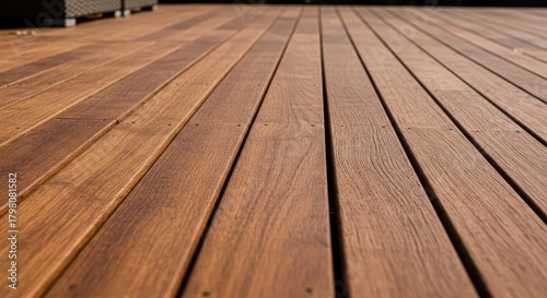 Close-up view of the smooth, stained timber planks forming a contemporary patio deck structure for relaxation and entertaining, housing, texture, outdoor