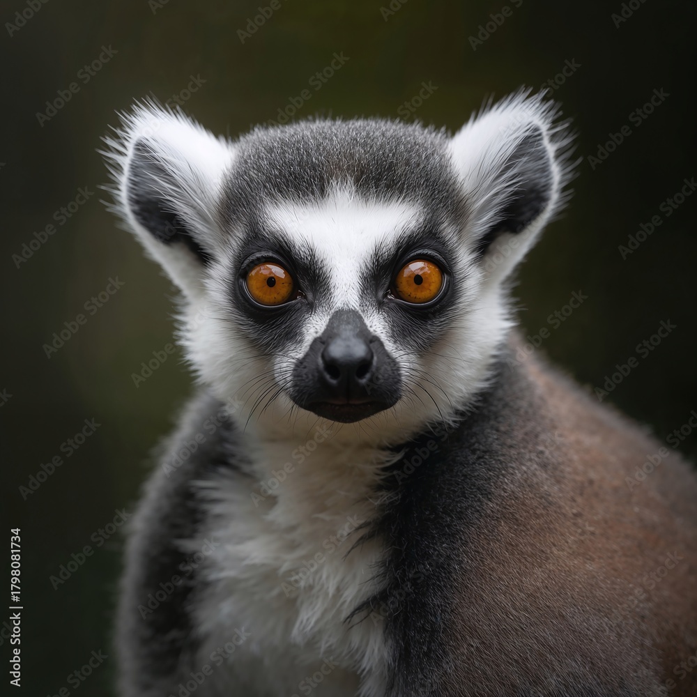 Obraz premium Hyperreal Close-Up of a Lemur With Golden Eyes and Fluffy Ringed Tail in Lush Madagascar Forest