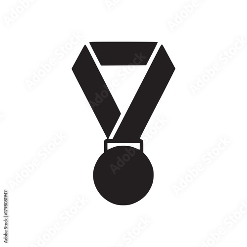 A simple black and white illustration of a medal with a ribbon on a white background space