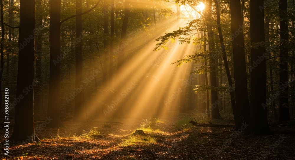 Obraz premium Golden sunbeams break through the dense woodland canopy, illuminating the forest floor and creating a tranquil, ethereal landscape ,scenic ,ray ,woods