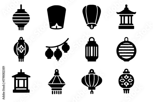 Paper fan icons traditional pyramid vector festival ornate circular lantern icon sky