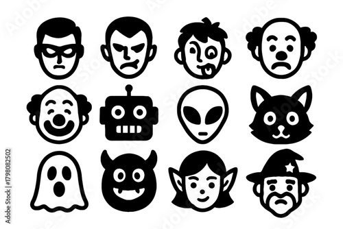 Icon vector ghost avatar face clown villain wizard diverse fairy happy monster