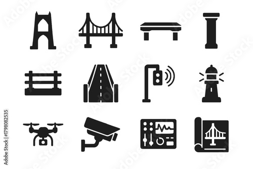 Suspension icons blueprint bridge navigation path sensor component tower guardrail control icon