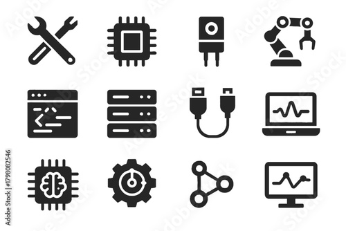 Laptop server vector tools board data rack icon technician ai arm robotic