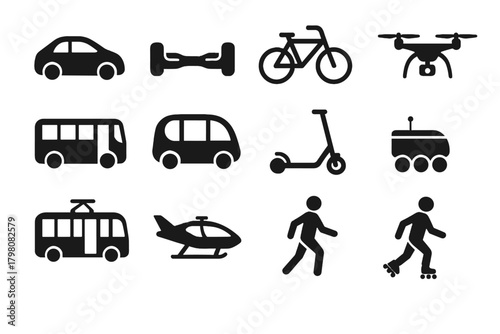 Icon bus transport drone hover car bicycle scooter futuristic tram ev icons
