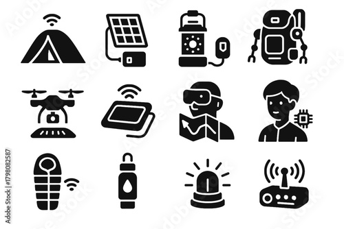 Communication drone guide portable sleeping futuristic camping emergency smart icon vector icons