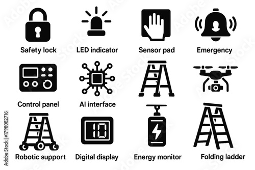 Icon ai safety led robotic alarm stabilizer monitor set support construction vector