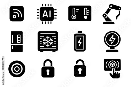 Hinge holographic digital fridge monitor smart icon readout robotic lock vector