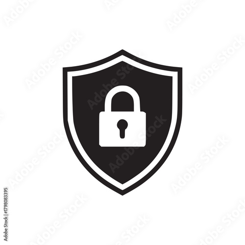 A black and white graphic of a shield containing a padlock representing security and protection icon