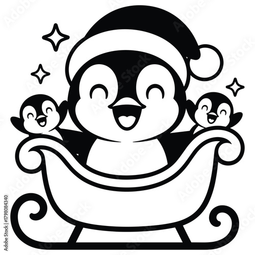 Cute cartoon penguins in a sleigh wearing a santa hat