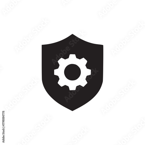 A black shield with a white gear inside on a white background in a simple graphic style