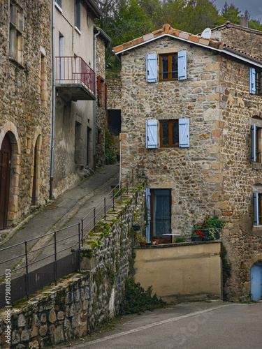 Traditional stone house with blue shutters in Malleval, Loire, France – October 4, 2025