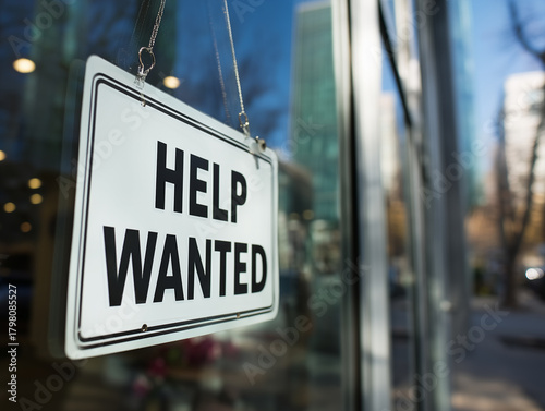 Help wanted sign hanging in a shop window indicating job openings during daytime in an urban setting