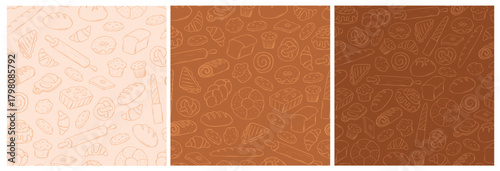 Bakery doodles seamless patterns collection for wallpapers, wrapping papers, textile prints, backgrounds, banners, product packsging, etc. EPS 10