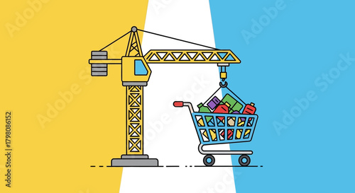Crane Loading Shopping Cart with Gifts and Products.