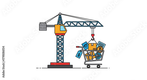 Construction Crane Lifting a Shopping Cart Full of Purchases.