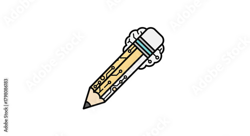 Creative AI Pencil with Brain and Circuitry.