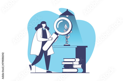 Science laboratory web concept with flat people for website design. Woman with magnifier learning plant growth, making botanical research in lab, doing biotechnology engineering. Vector illustration.