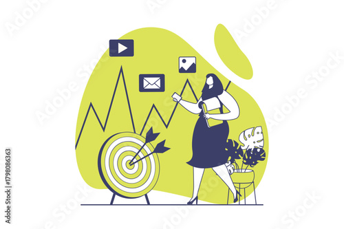 Social media marketing web concept with flat people for website design. Woman targeting audience and making promotion strategy, attracting new customers, advertising with content. Vector illustration.