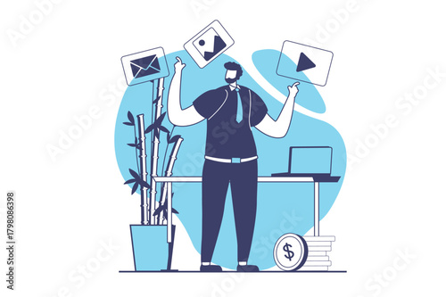 Social media marketing web concept with flat people for website design. Man making promotion and advertising with content, mailing audience, creating content and influencing. Vector illustration.