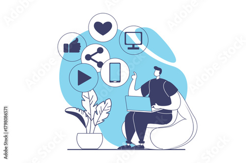 Social media marketing web concept with flat people for website design. Man creating content and sharing links, making promotion campaign, attracting audience in brand blog. Vector illustration.
