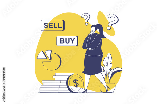 Stock market web concept with flat people for website design. Woman thinking and analyzing diagram, creating success strategy for buy and sell, trading on markets, earning profit. Vector illustration.
