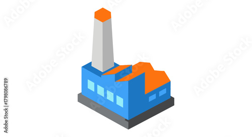 Isometric factory building with chimney industrial manufacturing concept.
