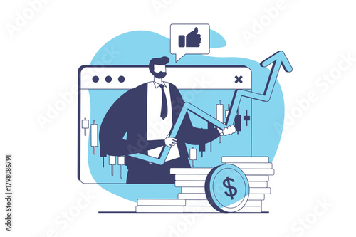 Stock market web concept with flat people for website design. Man trading and investing money, analyzing online trends, creating success strategy for buy and sell, earning profit. Vector illustration.