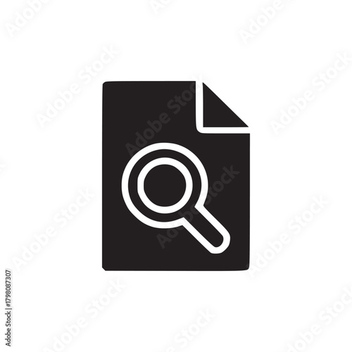 A black icon of a document with a folded corner and a magnifying glass on a white background plain