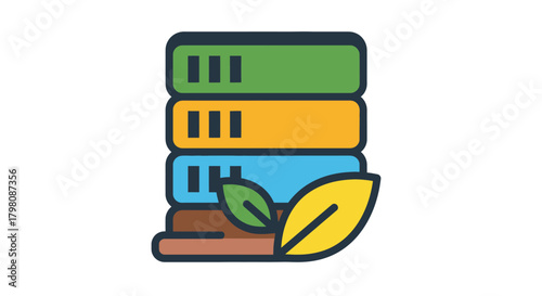 Stack of Servers with Green Leaves and Wood.