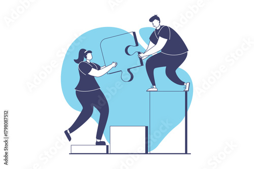 Teamwork web concept with flat people for website design. Businesswoman and businessman working in team, developing project with innovations, supporting and helping each other. Vector illustration.