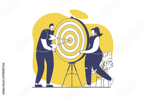 Teamwork web concept with flat people for website design. Businesswoman and businessman working in team, brainstorming and trageting, achiving goals, developing startup project. Vector illustration.