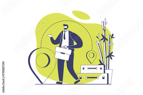 Travelling web concept with flat people for website design. Man with suitcase going on summer vacation or business trip, go in global travel, transportation to route locations. Vector illustration.