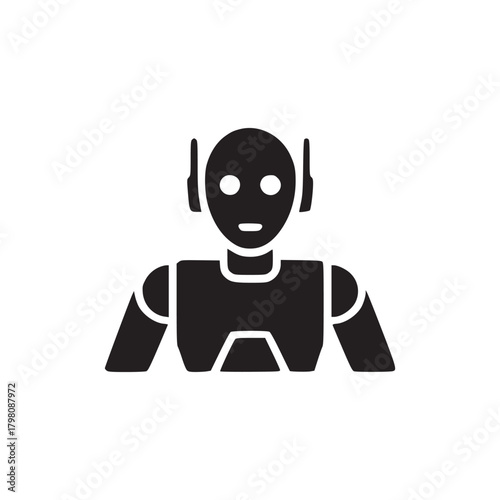 Illustration of a black robot with a smiling face and antenna on a white background in a vector format
