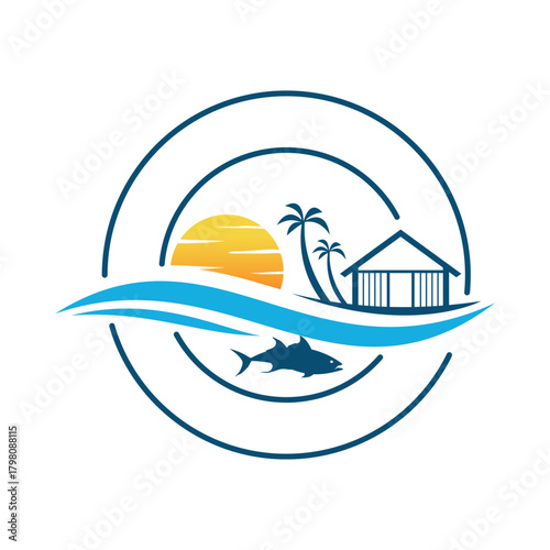 Tropical island resort and fishing logo with a serene beach hut, palm trees, ocean waves, and a fish silhouette under a vibrant sunset, symbolizing relaxation and marine activity