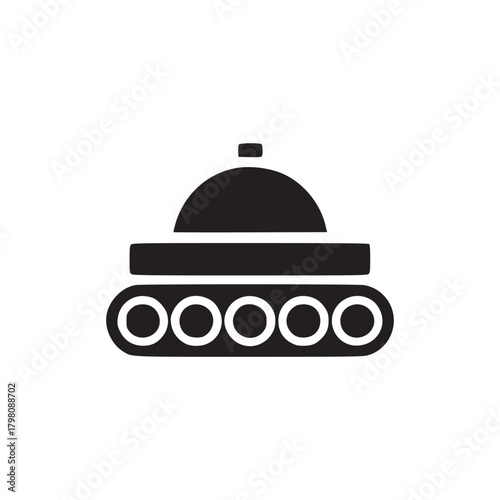 A simple black and white illustration of a tank with a dome shaped turret and visible treads