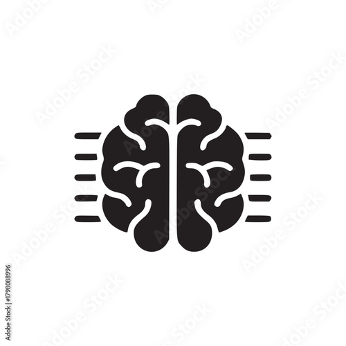 Isolated black brain icon with horizontal lines on a white background in a centered composition