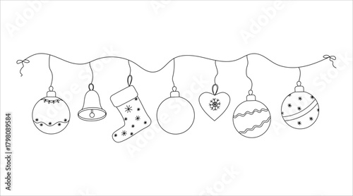 Set of Christmas garland balls bells heart bows snowflakes stocking fir decorations hend drawn vector illustration in line art style hand drawn